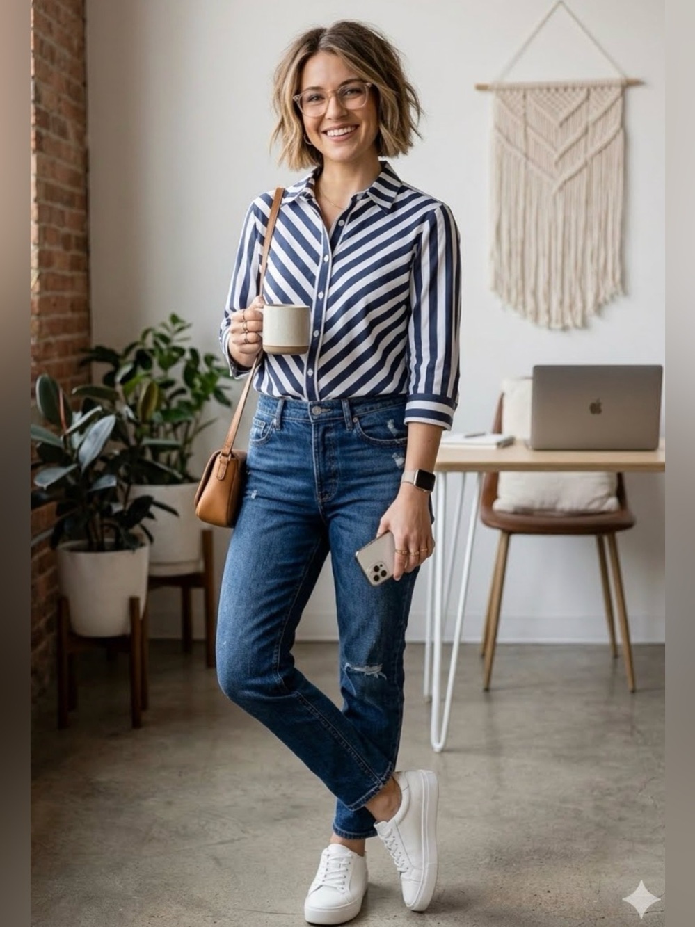 Chico's Navy & White Diagonal Stripe Button Shirt 3/4 sleeves siz 8 (L112)